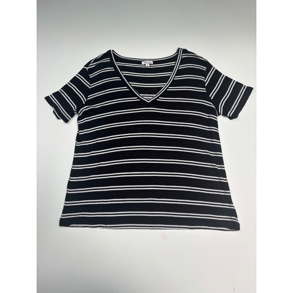 Splendid Womens XS Black White Striped V-Neck Short Sleeve Slub Knit Top RT0964X
